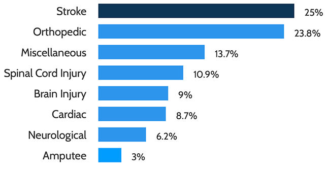 Bar graph showing that 25% of patients at SCC were in the Stroke program, 23.8% were in the Orthopedic program, 13.7% were in miscellaneous programs, 9.6% were in cardiac programs, 8.9% were in neurological programs, 8.2% were in miscellaneous programs, 10.9% were in spinal cord injury programs, 9% were in brain injury programs, 8.7% were in cardiac programs, 6.2% were in neurological programs, and 3% were in amputee programs.