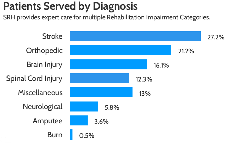 Bar chart showing patients served by diagnosis. Stroke 27.2%, orthopedic 21.2%, brain injury 16.1%, spinal cord injury 12.3%, miscellaneous 13%, neurological 5.8%, amputee 3.6%, burn 0.5%.