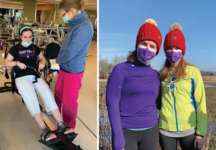 Left: Hannah does physical therapy on a rowing machine. Right: Hannah ready for a beach run.