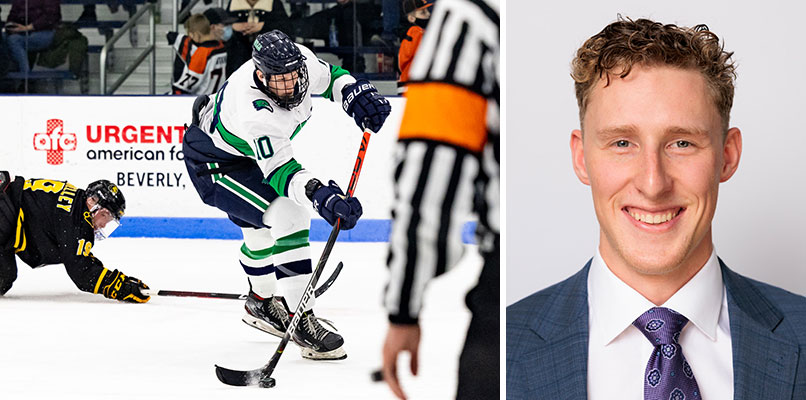 Right: Jack Smiley playing hockey; left: portrait of Jack Smiley, a fit young white man.