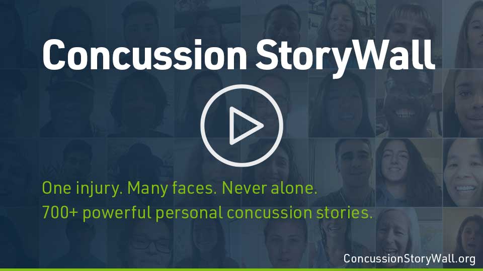 Mosaic of faces with text that says, Concussion StoryWall: One injury. many faces. Never alone. 700+ powerful personal concussion stories.